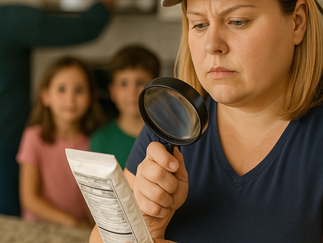Woman in a gray cap uses a magnifying glass to read a label in a kitchen. Two kids watch in the background. Vegetables on counter.