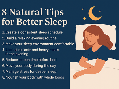 Illustration of a person sleeping under a crescent moon. Text lists 8 sleep tips on a dark blue background. Cozy and calming mood.