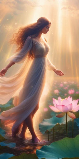 Woman walking through lotus flowers symbolizing spiritual awakening and inner healing.jpeg