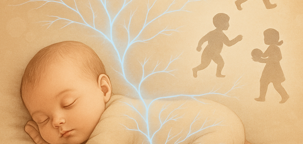 “Illustration of a sleeping baby with neural pathways branching like a tree, symbolizing early brain development and the stages of reflex integration that form the foundation of The HELA Method™.