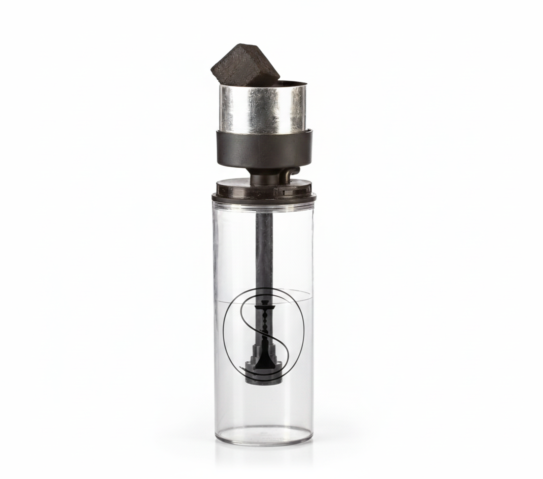 Shisha portàtil de vidre temperat fumat gris amb disseny prèmium.