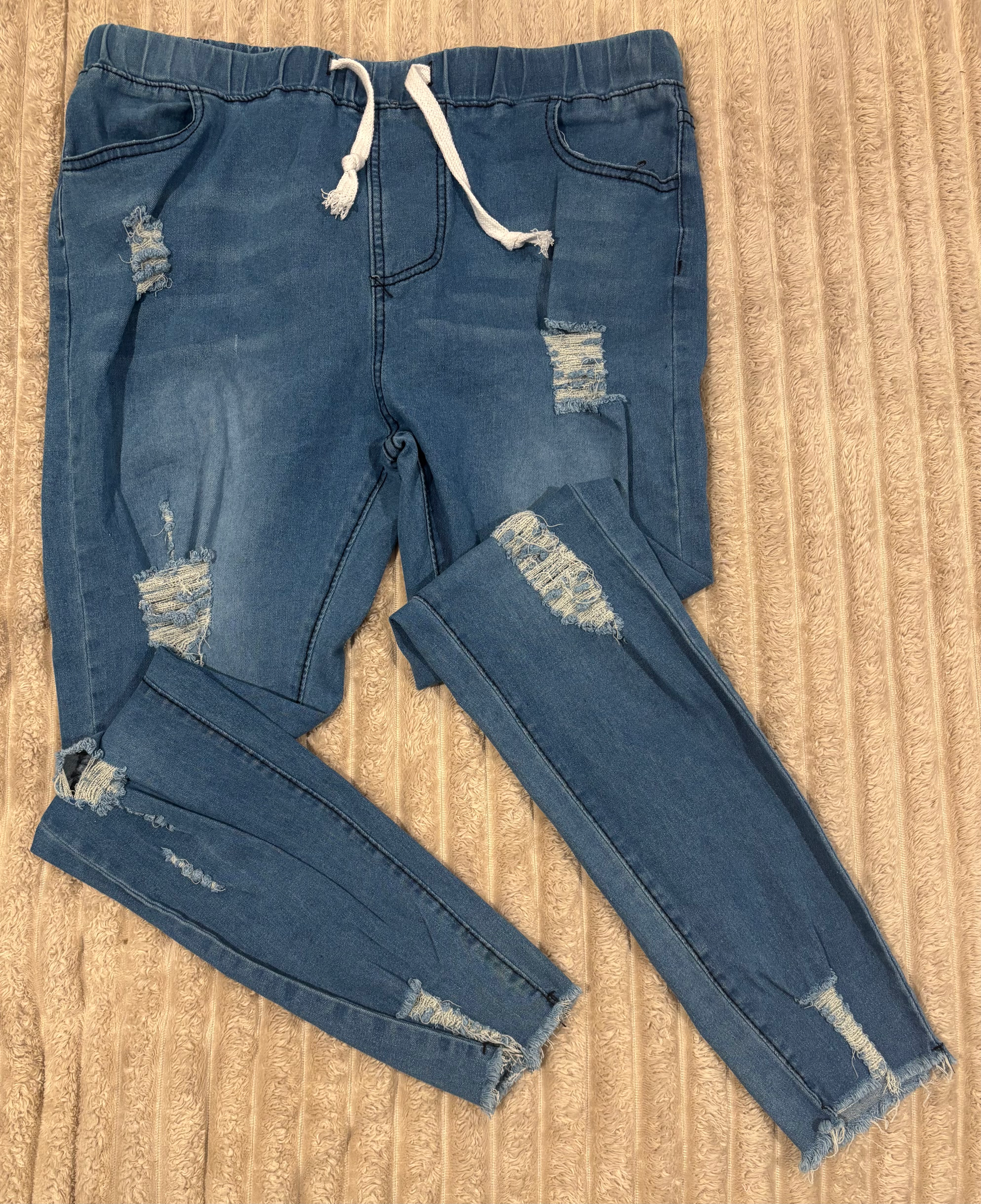 Drawstring Stretch Distressed Jeans