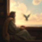 Biblical Noah on the ark as a dove flies through the window he is looking out of.jpg