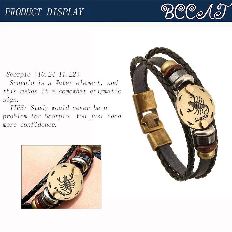 Thumbnail: 12 Constellations Bracelet Zodiac Signs Vintage Leather Punk Bracelet