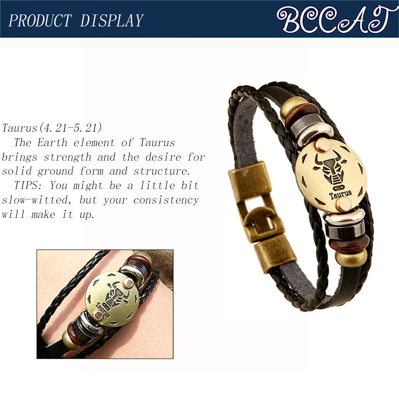Thumbnail: 12 Constellations Bracelet Zodiac Signs Vintage Leather Punk Bracelet