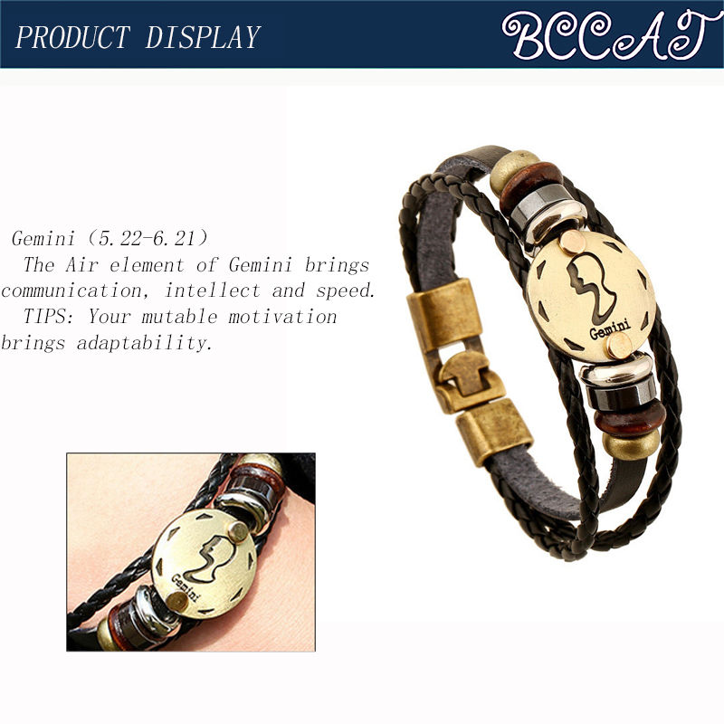Thumbnail: 12 Constellations Bracelet Zodiac Signs Vintage Leather Punk Bracelet