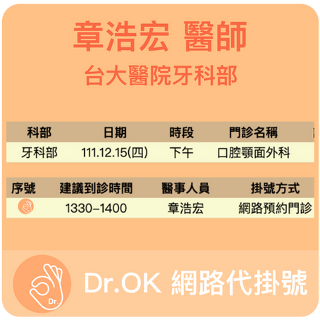 台大醫院牙科部 章浩宏醫師 委託代掛號成功案例 111.12.15