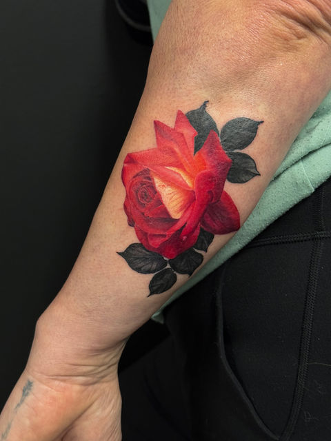 Realistic red rose tattooed on the forearm in West Kelowna Ash and Ink Tattoo Studio