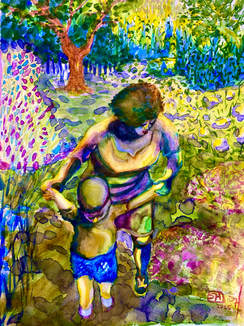 An abstract figurative watercolor painting capturing a tender moment between a mother and child