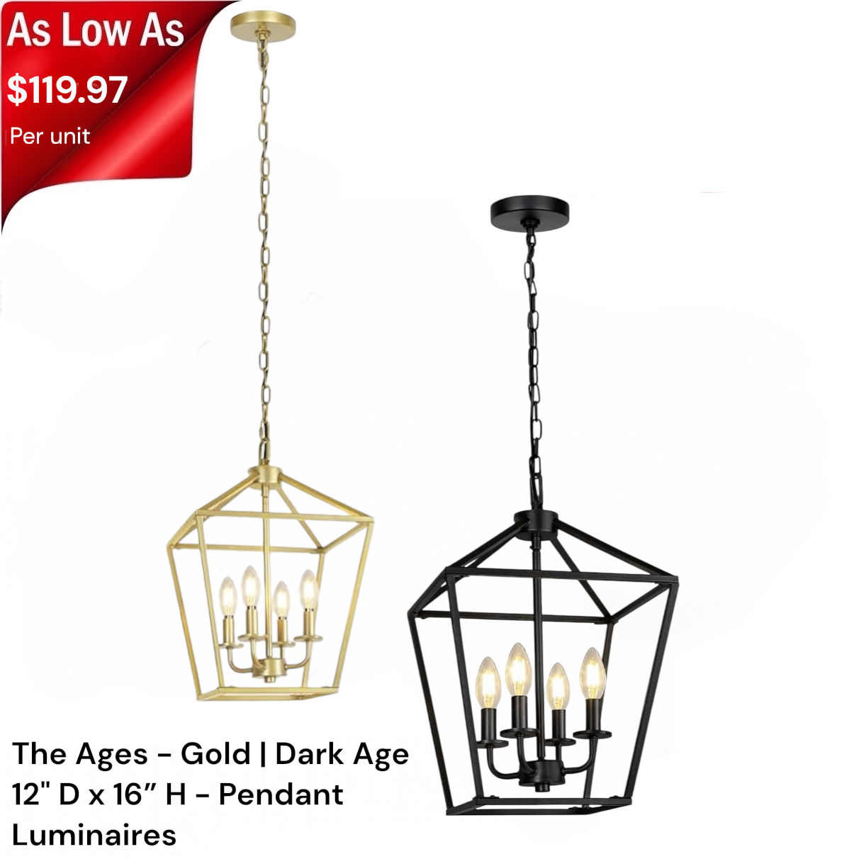 The Ages - Gold | Dark Age 12”D x 16”H - 4 Bulb Pendant Luminaires