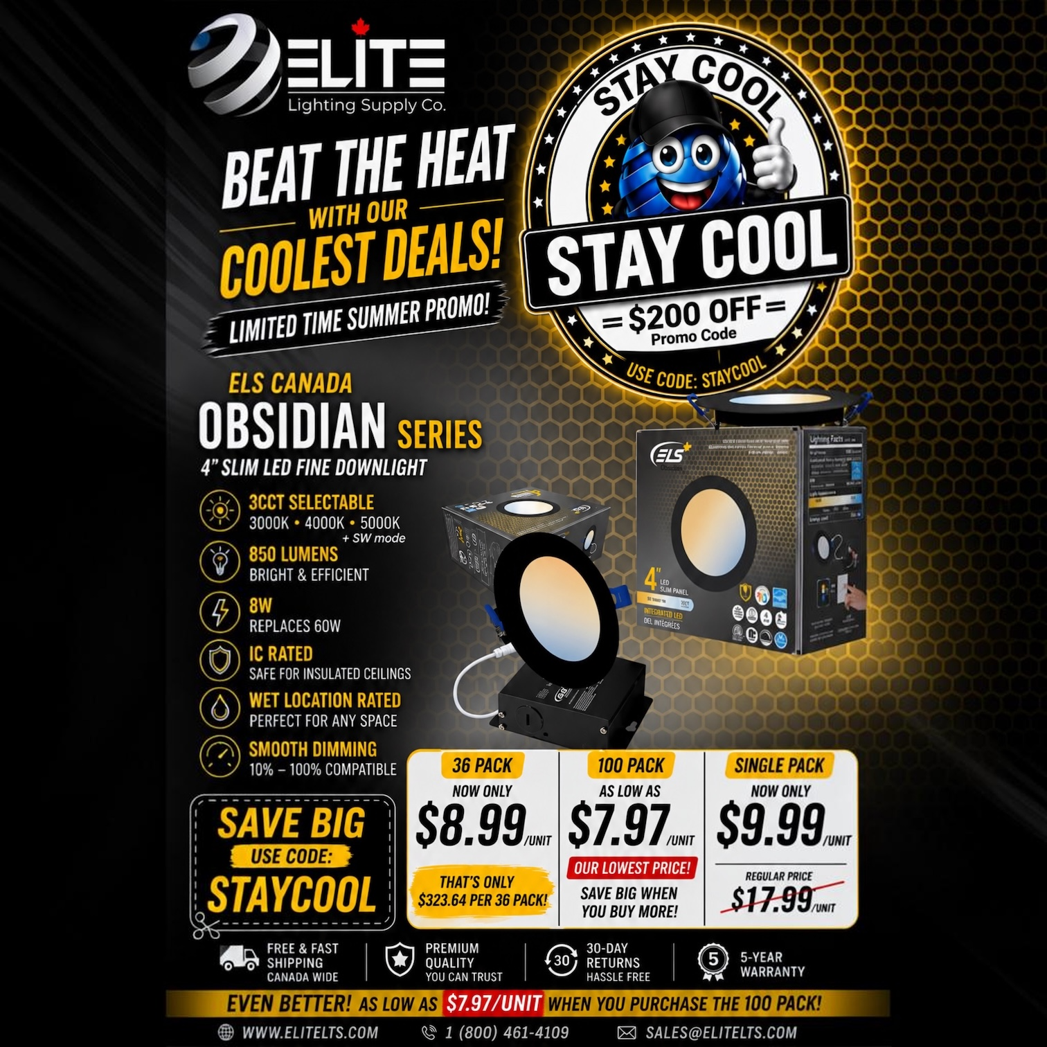 ELS Canada - Obsidian Series | 3CCT 4" LED Recessed Fine Downlight 850Lumens 8W