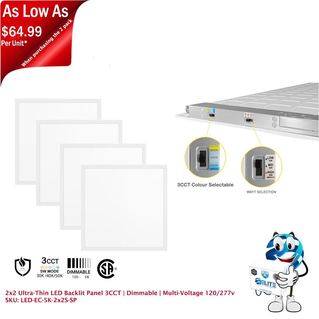 2x2 Ultra-Thin LED Backlit Panel 3CCT | Dimmable | Multi-Voltage 120/277v