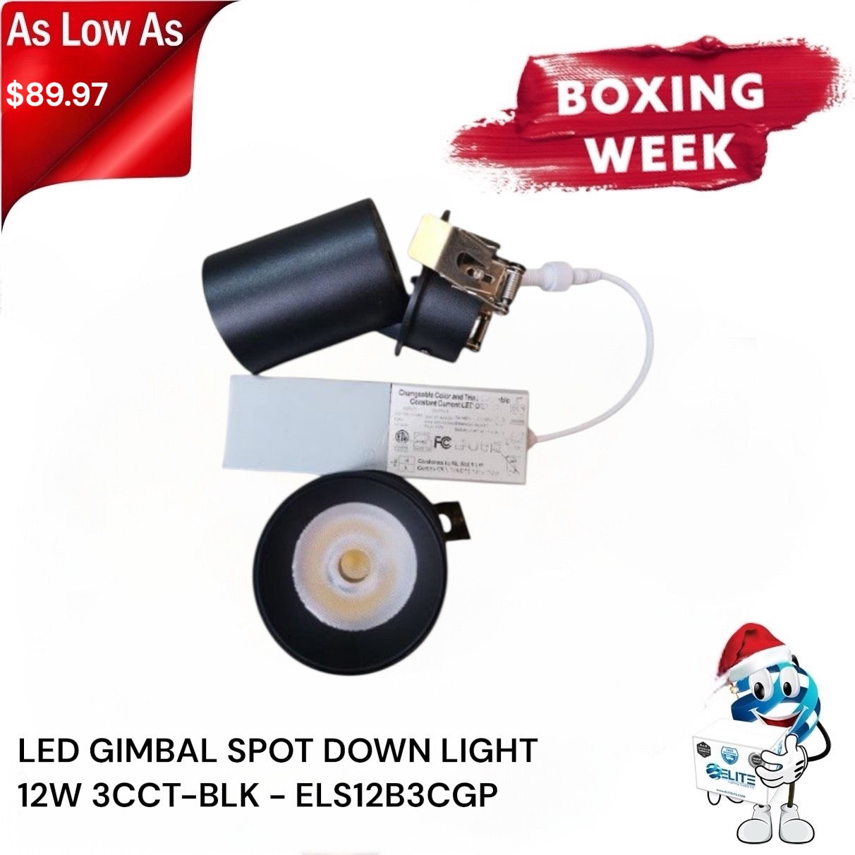 Black 12W 3CCT Designer LED gimbal spot-down light ELS12B3CGP