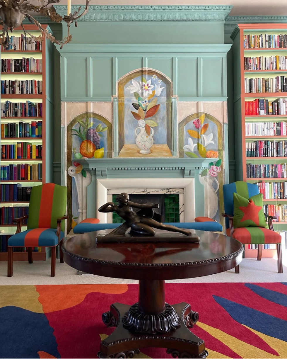 Whimsical fireplace surround in lively colors