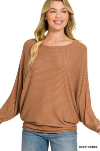 Ribbed Batwing Long Sleeve Boat Neck Sweater