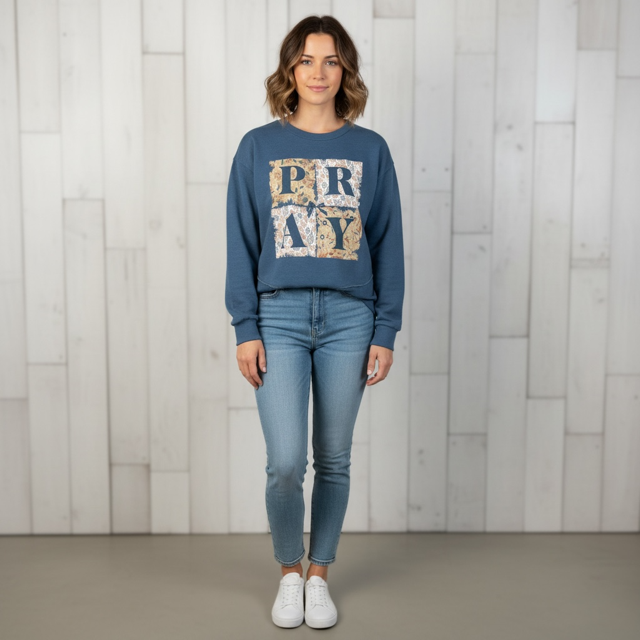 Quilted Pray Long Sleeve Melange Fleece Sweatshirt