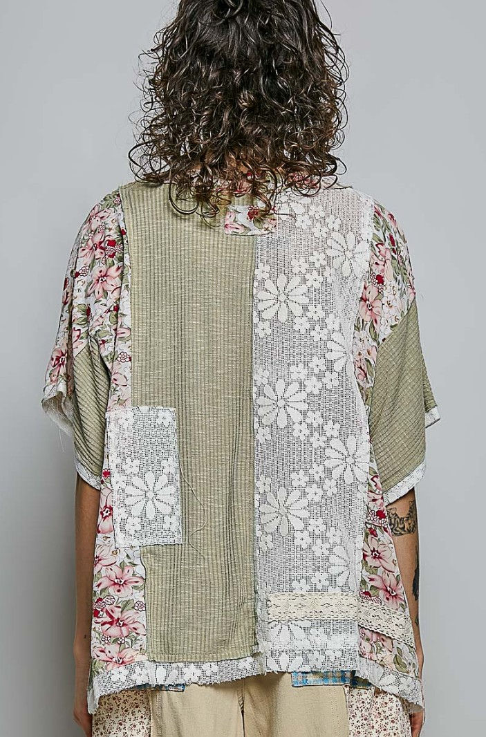 Thumbnail: Patchwork Lace Floral Top Sage