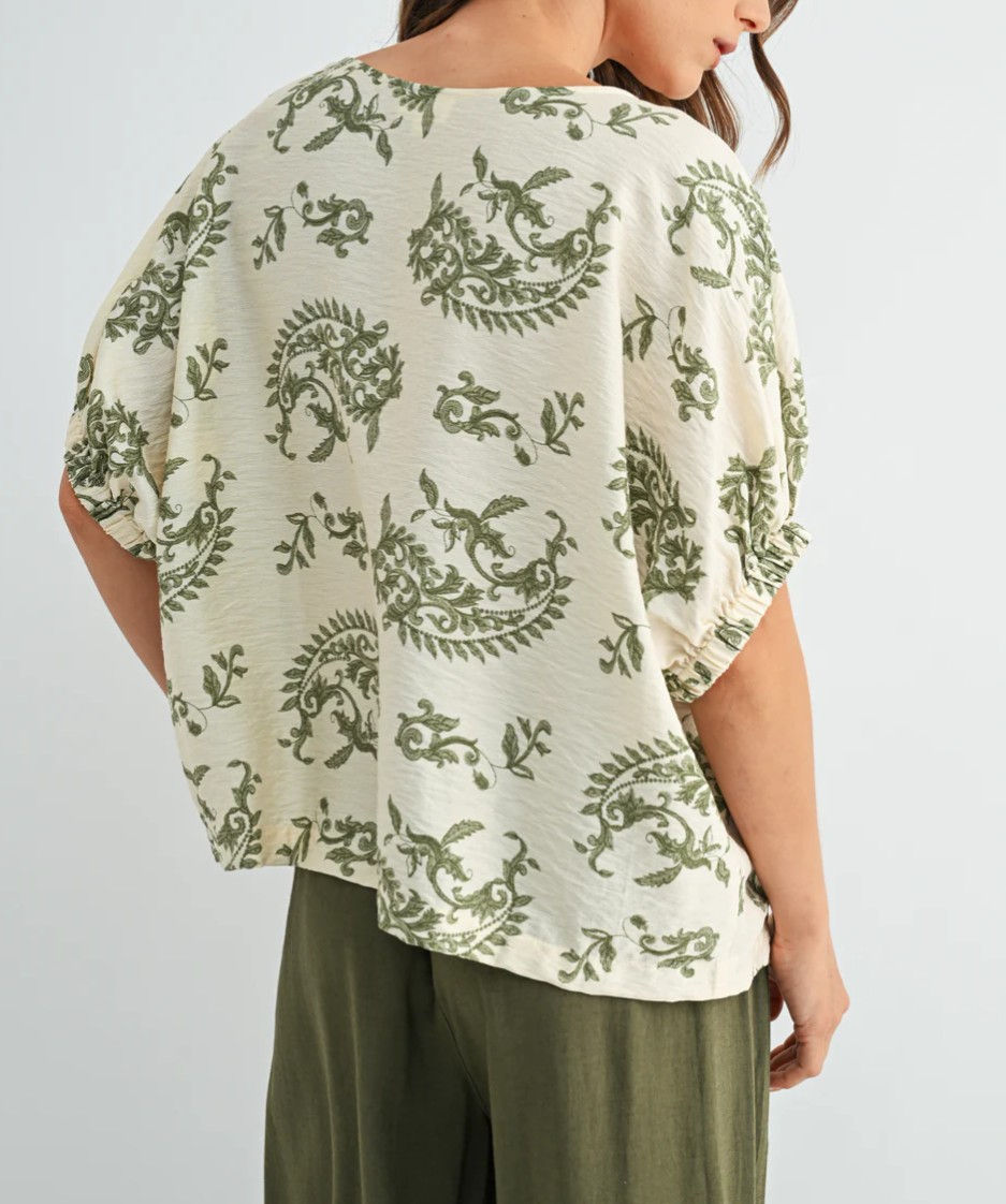 Thumbnail: Paisley Print Dolman Top - Natural/Olive