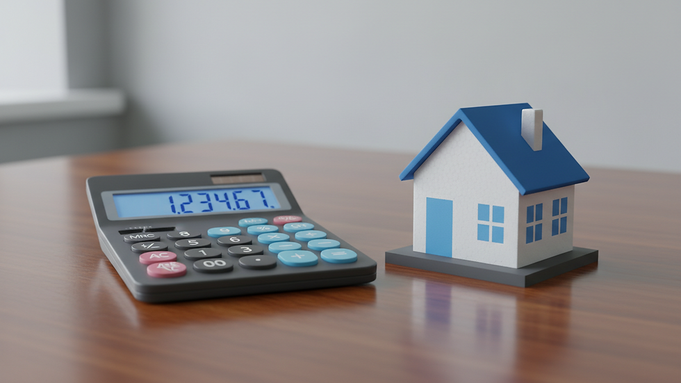 Close-up view of a calculator and a house model on a wooden table