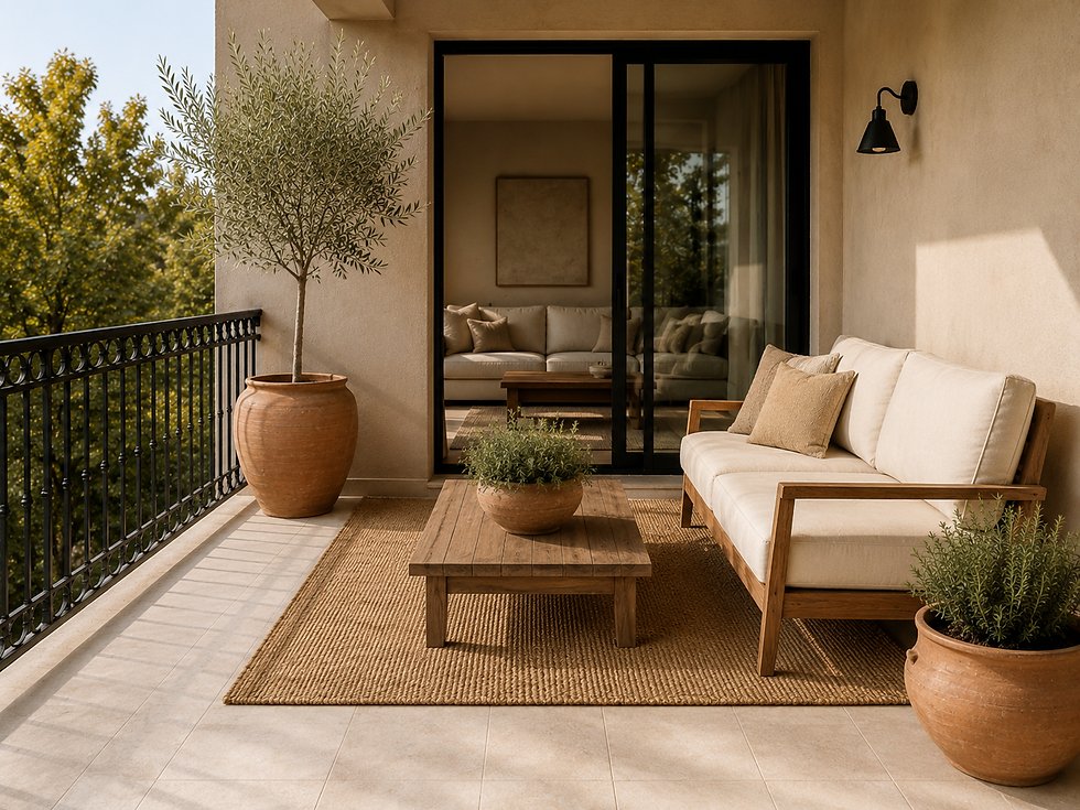 A cozy balcony with a beige sofa, potted plants, and a wooden table on a woven rug. Glass doors open to a room with a similar sofa.
