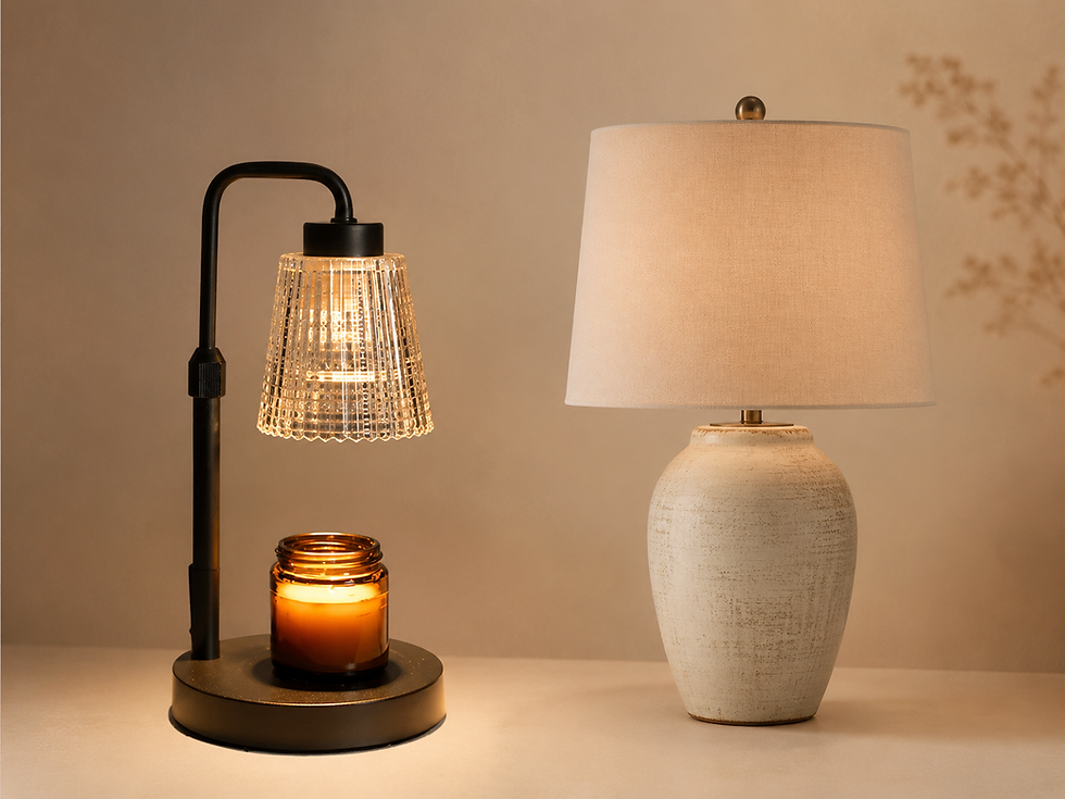 Two warm minimalist lighting options for console table styling, showing a black candle warmer lamp with a glowing candle and a neutral ceramic table lamp with a soft fabric shade.