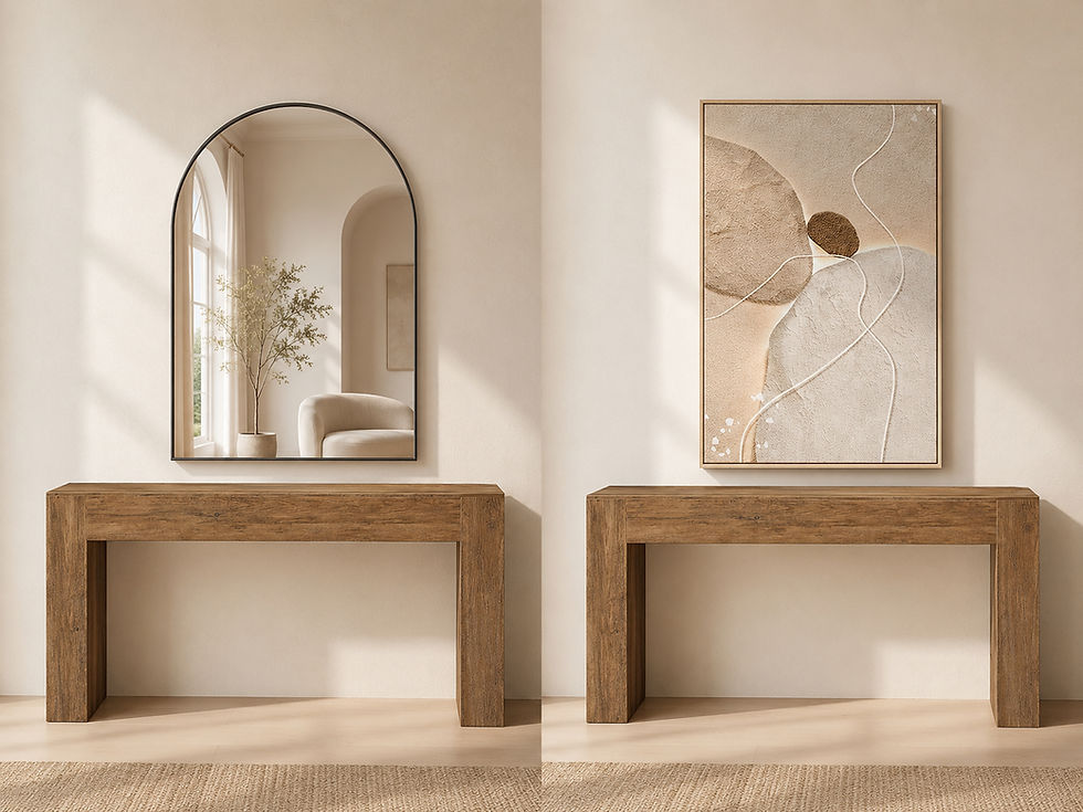 Two warm minimalist console table styling options showing a narrow wood console table with an arched mirror on one side and neutral abstract artwork on the other.