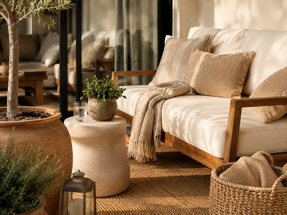 Layered textures like woven baskets, linen-look pillows, a ceramic side table, lanterns, and terracotta planters make a small patio feel warm without adding clutter.
