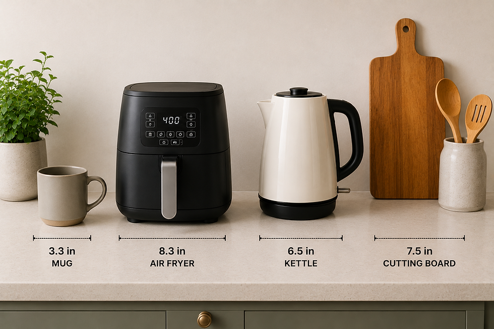 Small air fryer shown beside a kettle, mug, and cutting board for size comparison on a small kitchen counter.