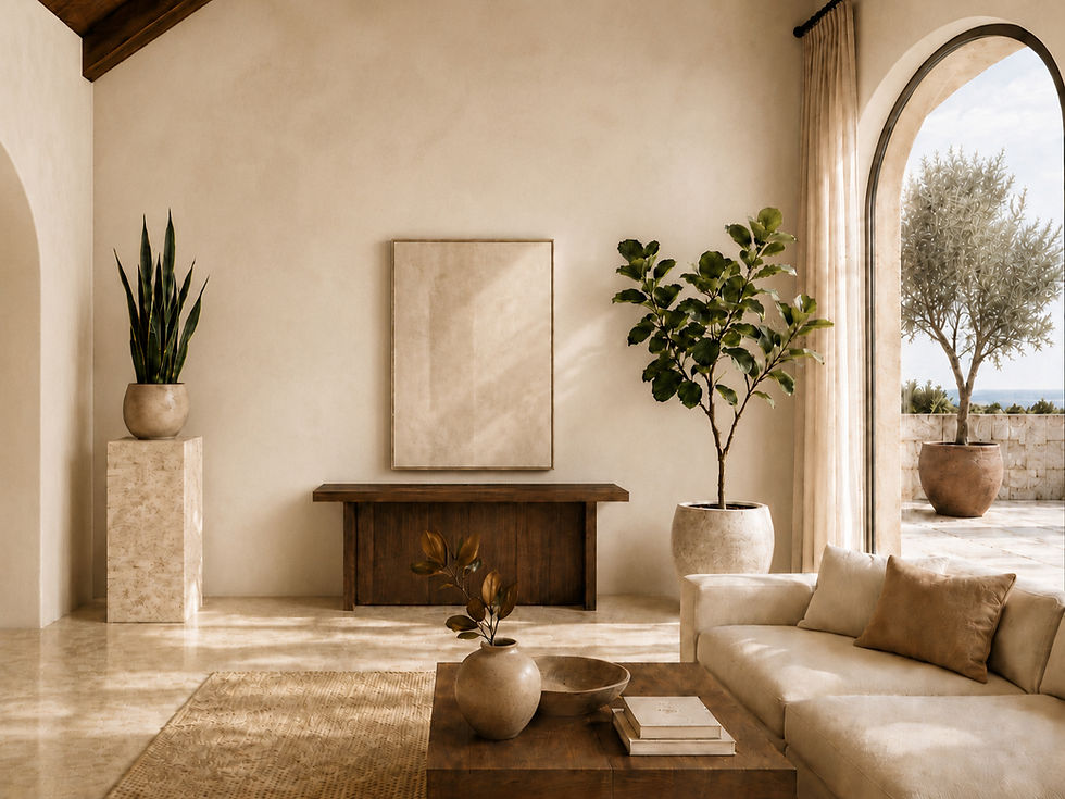 Warm minimalist Mediterranean living room with a snake plant on a travertine pedestal, a Ficus Audrey in a textured stone planter, a styled wooden console, and an olive tree visible on the terrace.