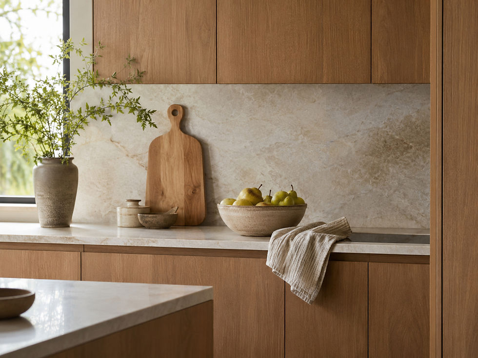 Warm organic modern kitchen with curated countertop styling, wood cabinetry, stone backsplash, ceramic fruit bowl, wooden cutting board, linen towel, and soft natural light.