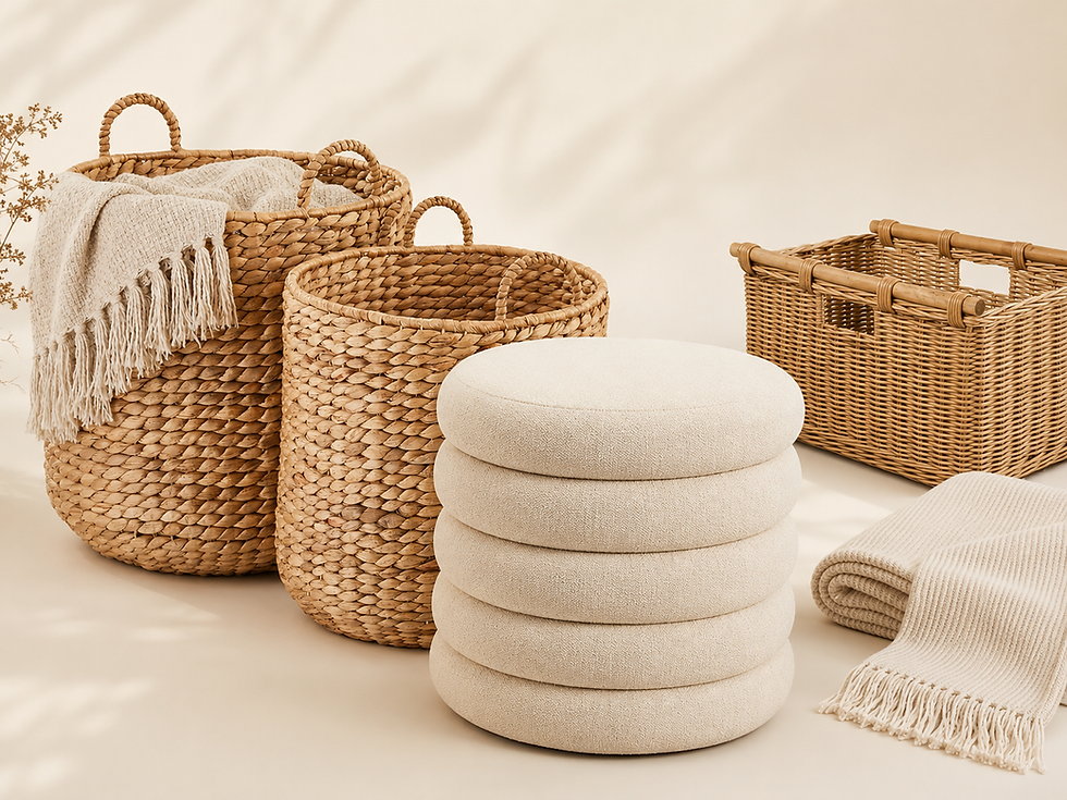 Warm minimalist grounding options for console table styling, including woven storage baskets, a cream pouf, and a neutral textured throw arranged on a soft beige background.