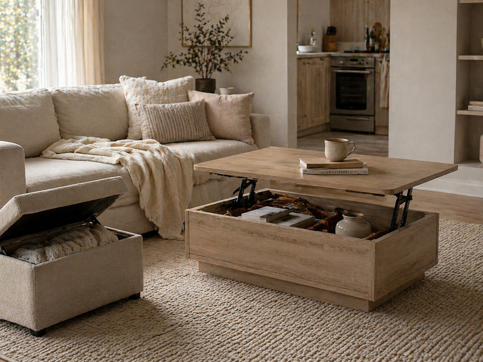 Lift-top coffee table and storage ottoman in a minimalist living room
