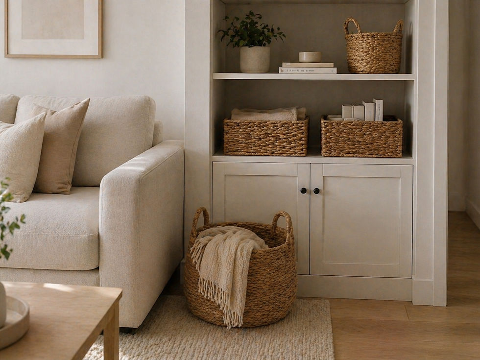 Warm minimalist living room with sofa and woven baskets
