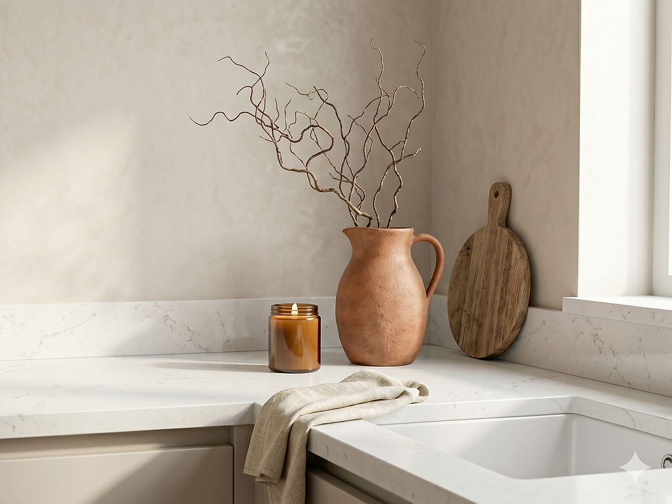 Kitchen counter with terracotta jug, dried branches, cutting board, and linen