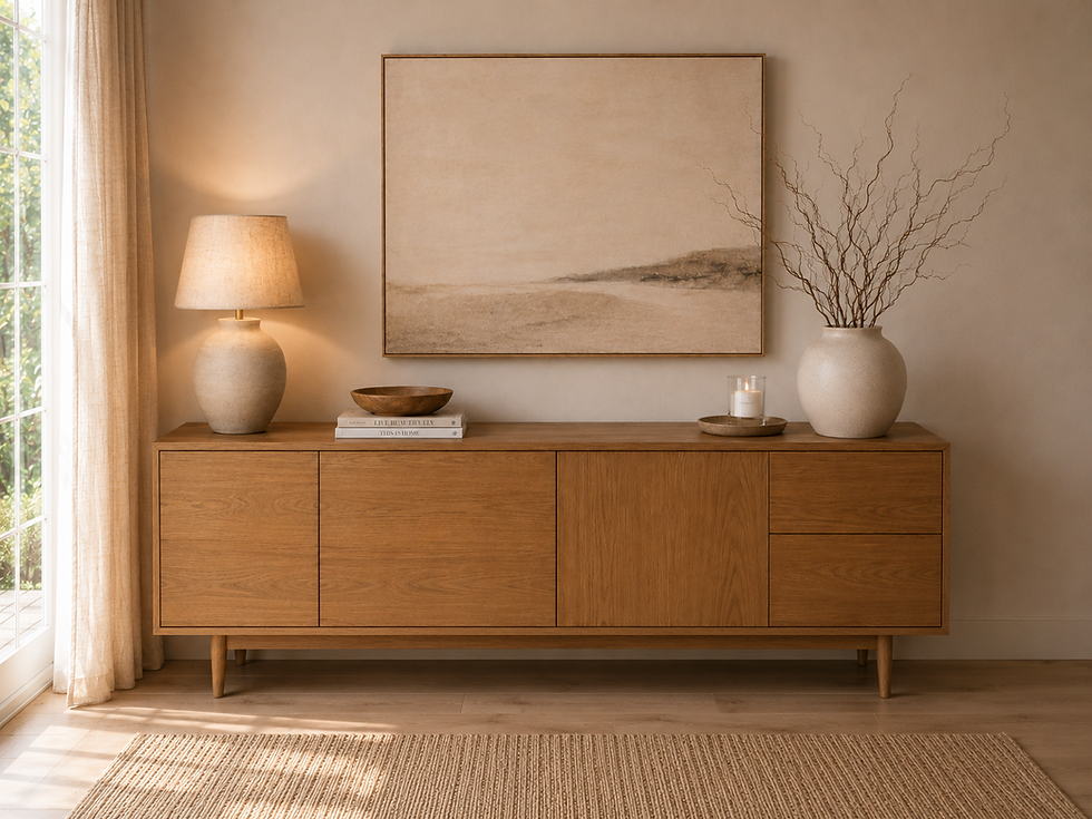 and simple decorative accents for a calm, elevated look.
Alt text:
Organic modern dining room credenza with warm wood storage, neutral abstract wall art, ceramic table lamp, stacked books, wooden bowl, candle, and a small view of the dining table in the foreground.
