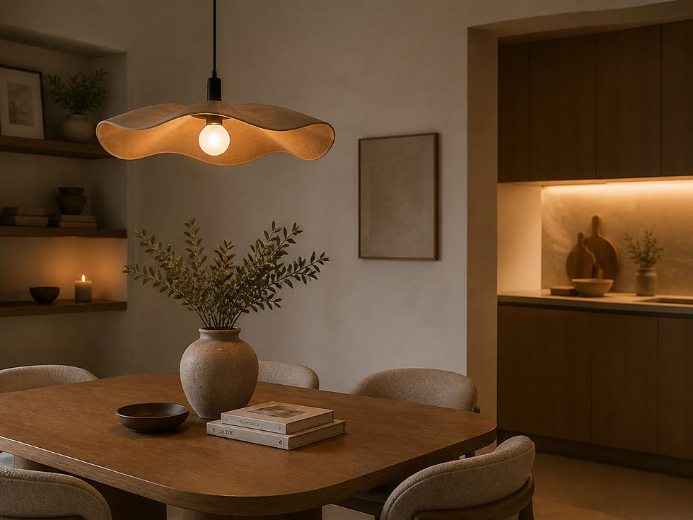 Warm minimalist dining area and styled kitchen counters