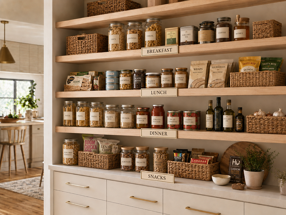Organized pantry divided into breakfast, baking, dinner, and snack zones with baskets and jars.