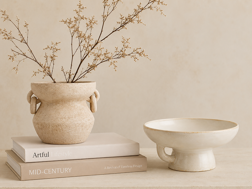 Warm minimalist console styling pieces showing neutral coffee table books, a textured ceramic vase with delicate branches, and a cream catch-all bowl arranged on a soft beige surface.