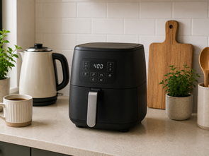 Black air fryer with digital display set to 400 degrees on a kitchen counter. Surrounding are a kettle, a cup of coffee, plants, and utensils.