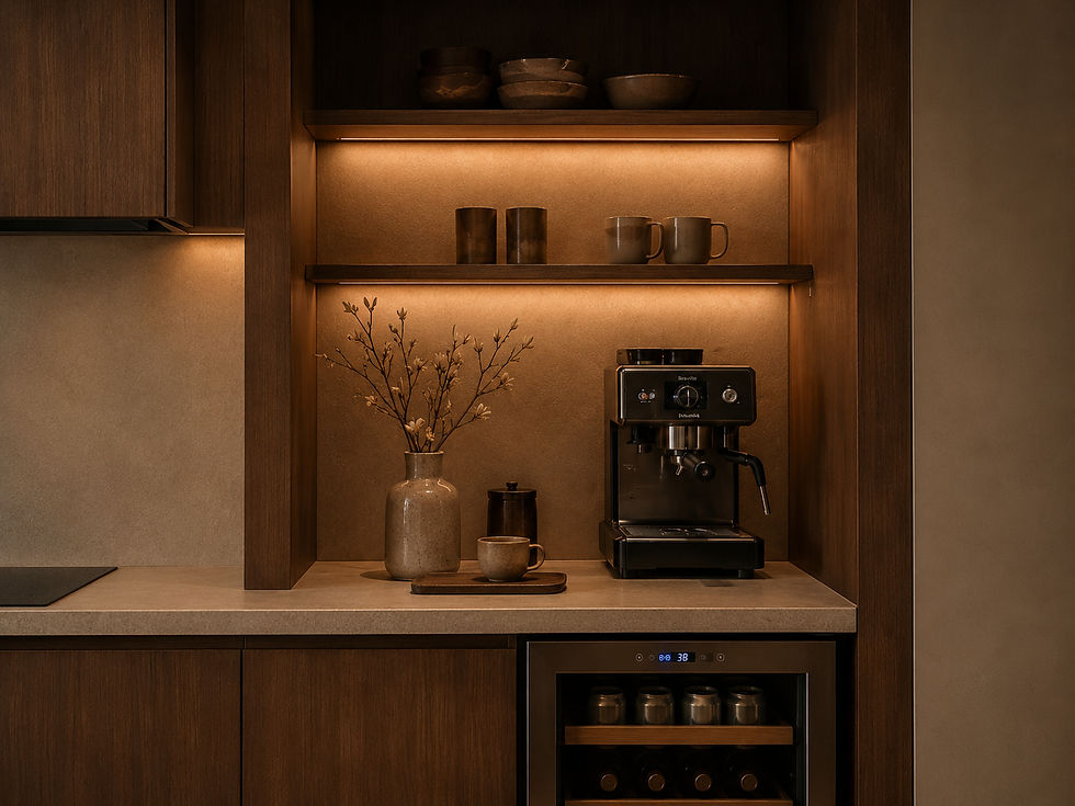 Built-in coffee station in a warm minimalist kitchen with an espresso machine, wine fridge, open shelves, ceramic mugs, and magnolia branches.