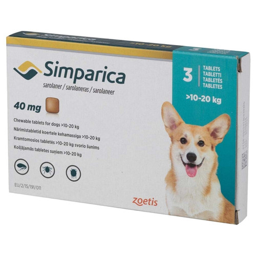 Simparica 40mg, 1020kg, box of 3 pills (fleas & ticks) honey.mu