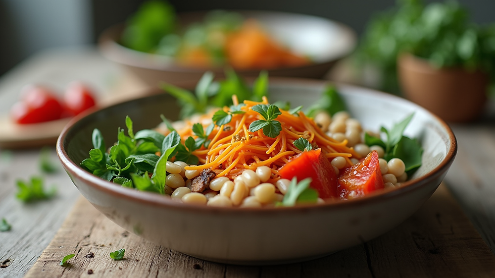 Eye-level view of a bowl of mixed vegetables and grains