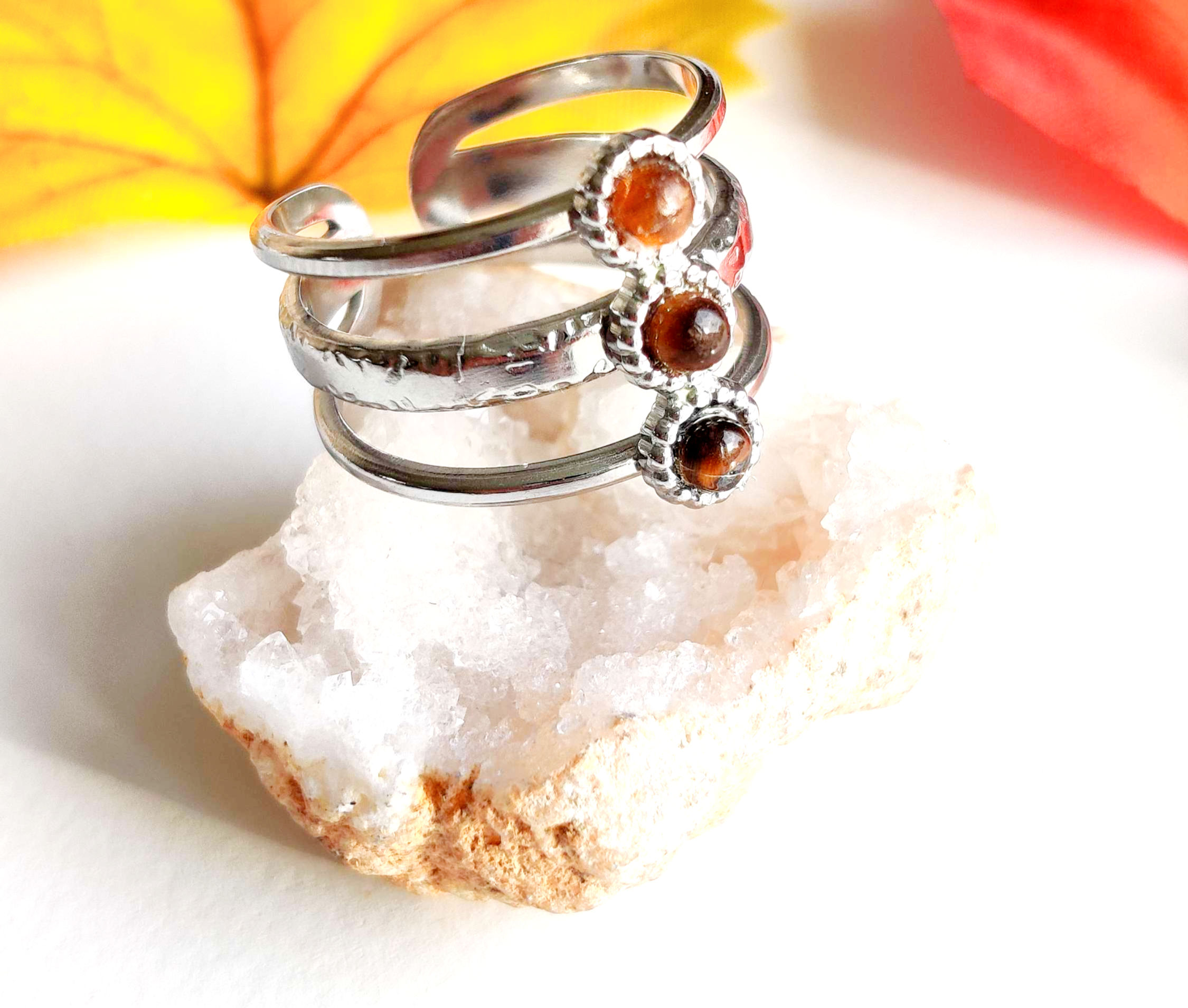 Bague 3 Rangs Acier Inoxydable Argenté et pierre Gemme