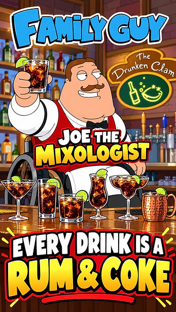 Family Guy
S16 E15 — Old Fashioned, Moscow Mule, Whiskey Sour, Rum and Coke, Vodka Soda.
Joe dresses up as a mixologist at The Drunken Clam.