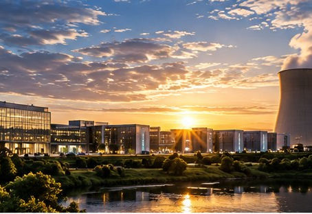 Modern technology campus near nuclear power infrastructure at sunset
