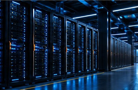 Blue-lit high-performance computing data center built for artificial intelligence workloads