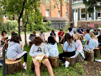 children reading on stumps