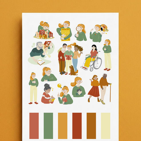 Planche de personnages et familles illustrés dans un style chaleureux et universel