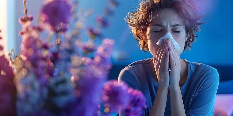 Woman blowing her nose with a tissue near flowers