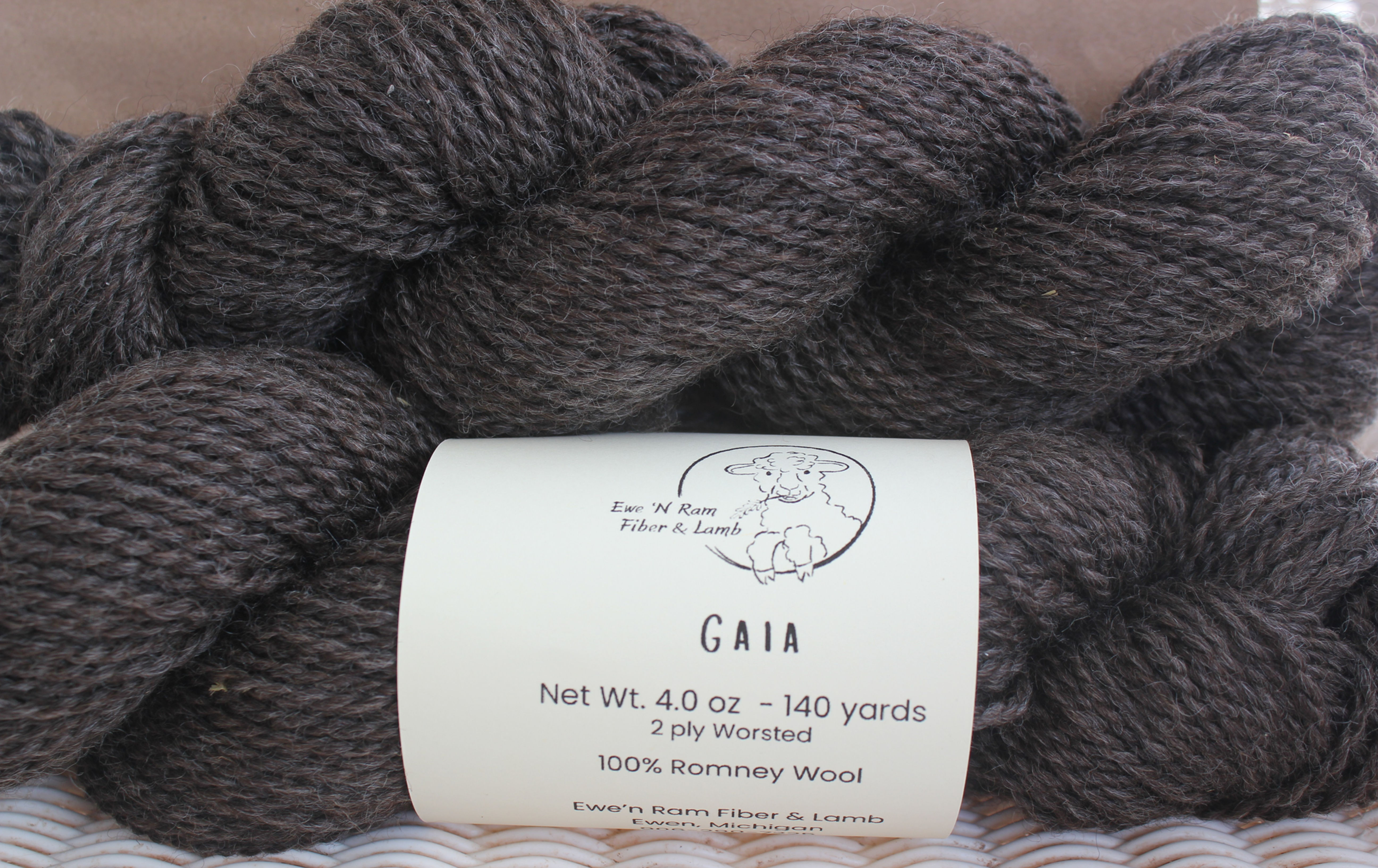 Dark grey yarn skein with GAIA label, 100% Romney Wool